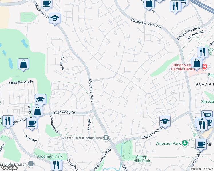 map of restaurants, bars, coffee shops, grocery stores, and more near 709 Avenida Majorca in Laguna Woods