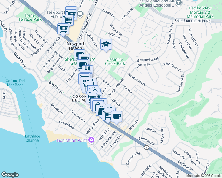map of restaurants, bars, coffee shops, grocery stores, and more near 610 Marguerite Avenue in Newport Beach