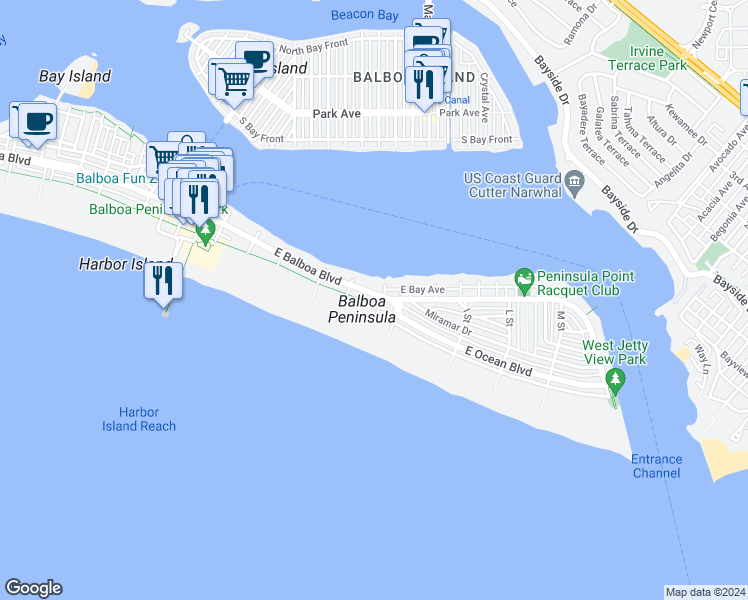 map of restaurants, bars, coffee shops, grocery stores, and more near 1320 East Oceanfront in Newport Beach