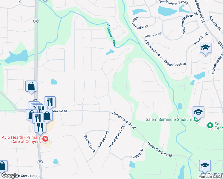 map of restaurants, bars, coffee shops, grocery stores, and more near 1437 Bourdon Bell Drive Southeast in Conyers
