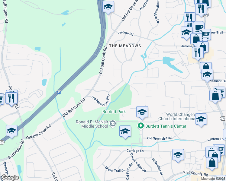 map of restaurants, bars, coffee shops, grocery stores, and more near 2828 The Meadows Way in Atlanta