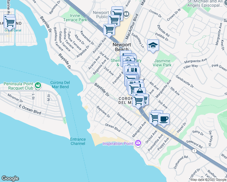 map of restaurants, bars, coffee shops, grocery stores, and more near 406 Goldenrod Avenue in Newport Beach