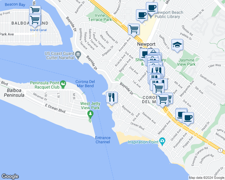 map of restaurants, bars, coffee shops, grocery stores, and more near 229 Carnation Avenue in Newport Beach