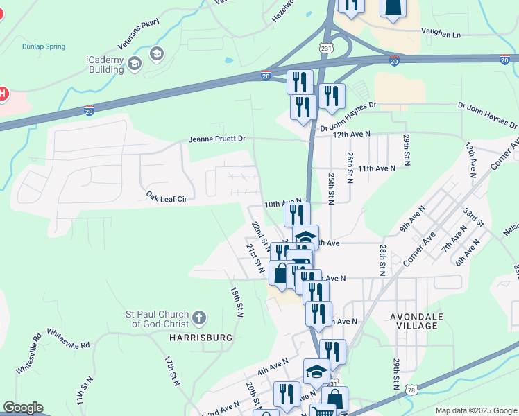 map of restaurants, bars, coffee shops, grocery stores, and more near 923 23rd Street North in Pell City
