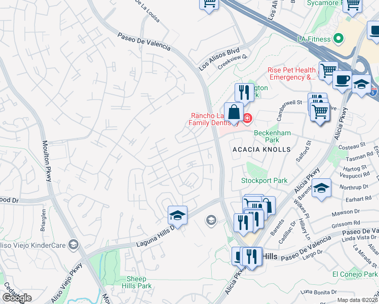map of restaurants, bars, coffee shops, grocery stores, and more near in Laguna Woods