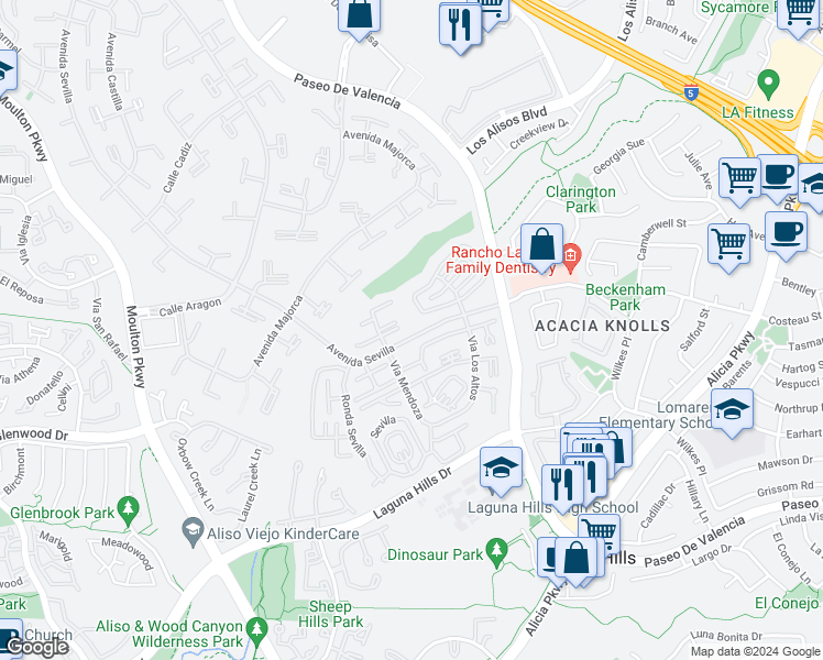 map of restaurants, bars, coffee shops, grocery stores, and more near 620 Avenida Sevilla in Laguna Woods
