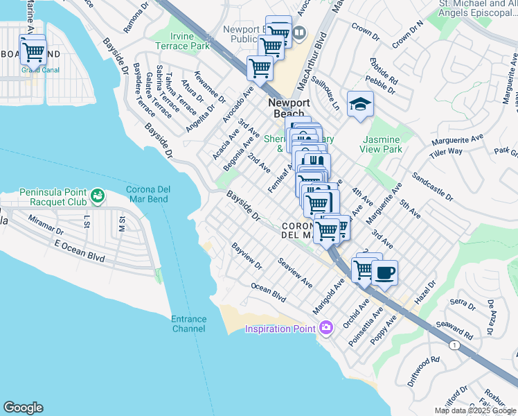 map of restaurants, bars, coffee shops, grocery stores, and more near 404 Fernleaf Avenue in Newport Beach