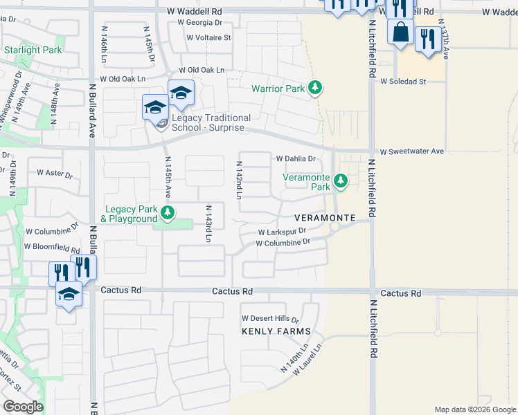 map of restaurants, bars, coffee shops, grocery stores, and more near 14231 West Rosewood Drive in Surprise