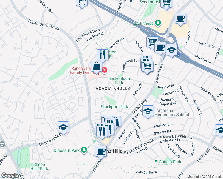 map of restaurants, bars, coffee shops, grocery stores, and more near 24936 Silverleaf Lane in Laguna Hills