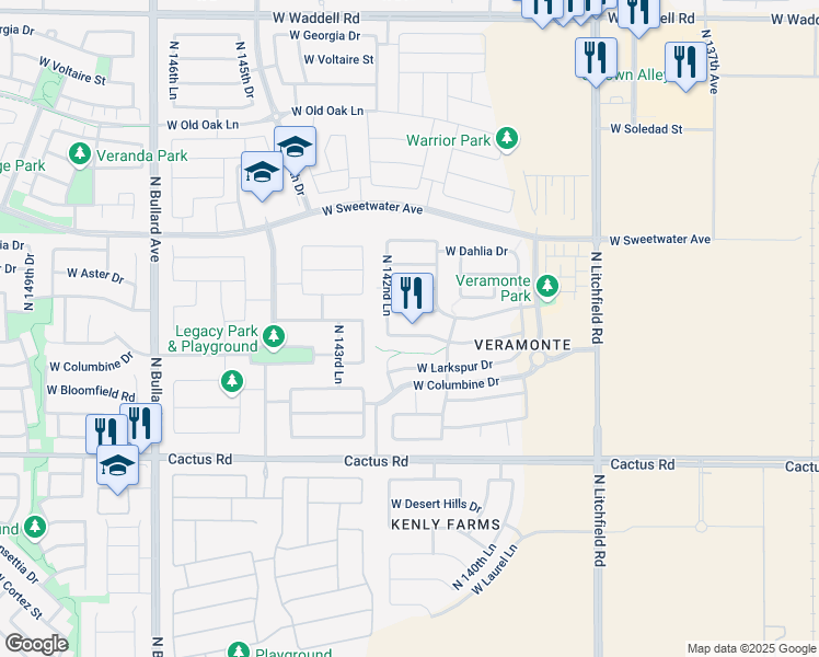 map of restaurants, bars, coffee shops, grocery stores, and more near 14231 West Rosewood Drive in Surprise