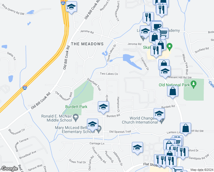 map of restaurants, bars, coffee shops, grocery stores, and more near 5713 Old Carriage Drive in Atlanta