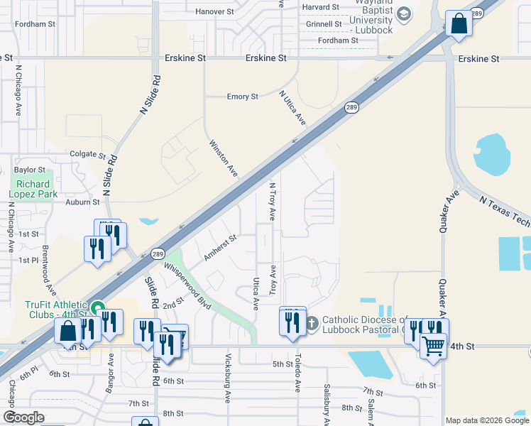 map of restaurants, bars, coffee shops, grocery stores, and more near 128 North Utica Avenue in Lubbock