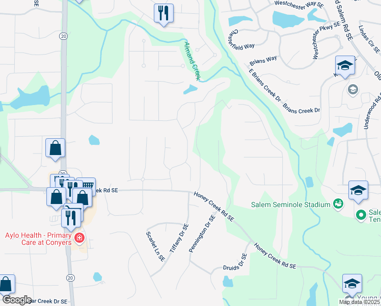 map of restaurants, bars, coffee shops, grocery stores, and more near 1437 Bourdon Bell Drive Southeast in Conyers