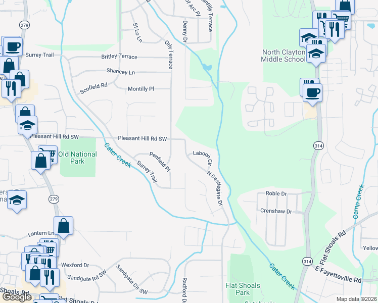map of restaurants, bars, coffee shops, grocery stores, and more near 5751 North Castlegate Drive in Atlanta