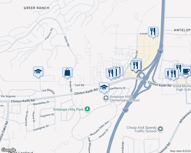 map of restaurants, bars, coffee shops, grocery stores, and more near 35995 Mitchell Road in Murrieta