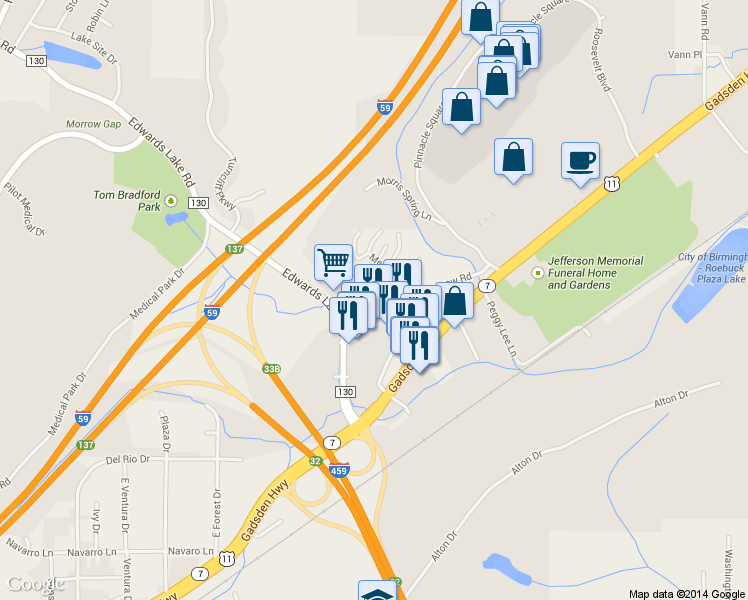 map of restaurants, bars, coffee shops, grocery stores, and more near 90 Meadows Drive in Birmingham