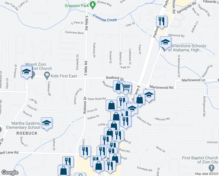 map of restaurants, bars, coffee shops, grocery stores, and more near 748 Meadowbrook Drive in Birmingham