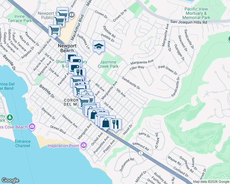 map of restaurants, bars, coffee shops, grocery stores, and more near 704 1/2 Marigold Avenue in Newport Beach