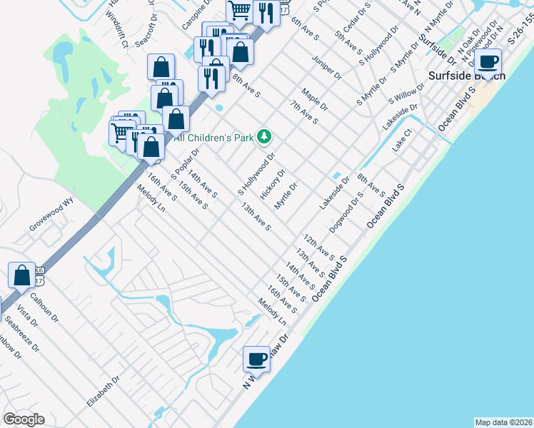 map of restaurants, bars, coffee shops, grocery stores, and more near 329 13th Avenue South in Surfside Beach