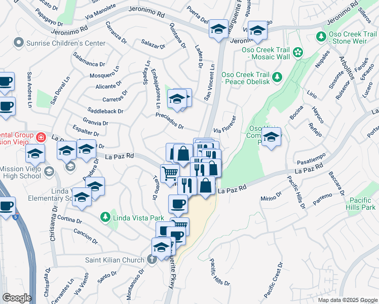 map of restaurants, bars, coffee shops, grocery stores, and more near 25071 El Cortijo Lane in Mission Viejo