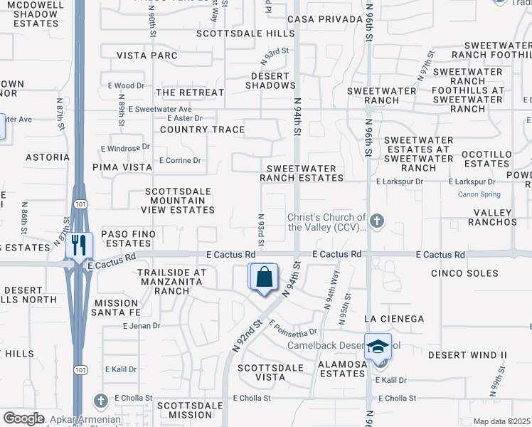 map of restaurants, bars, coffee shops, grocery stores, and more near 12435 North 93rd Street in Scottsdale