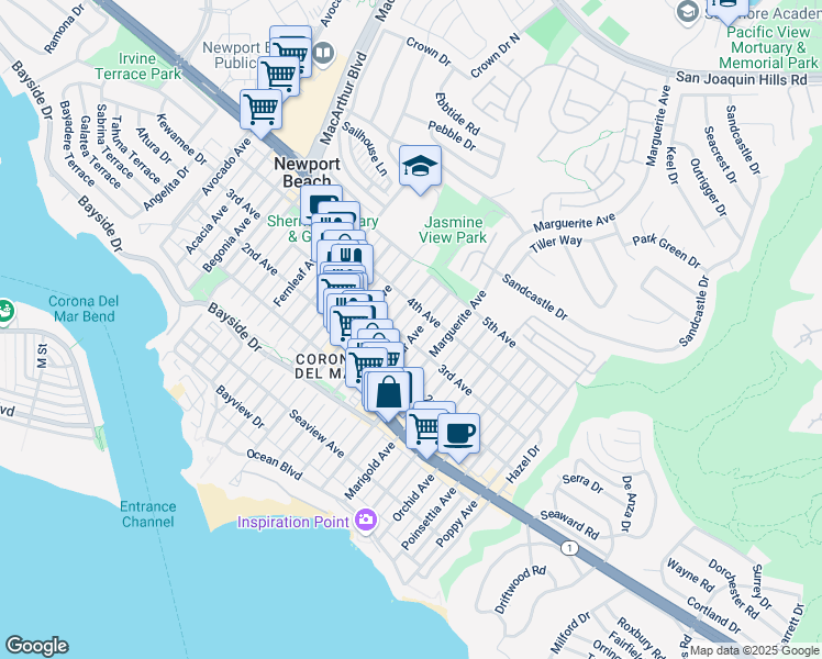 map of restaurants, bars, coffee shops, grocery stores, and more near 607 Larkspur Avenue in Newport Beach