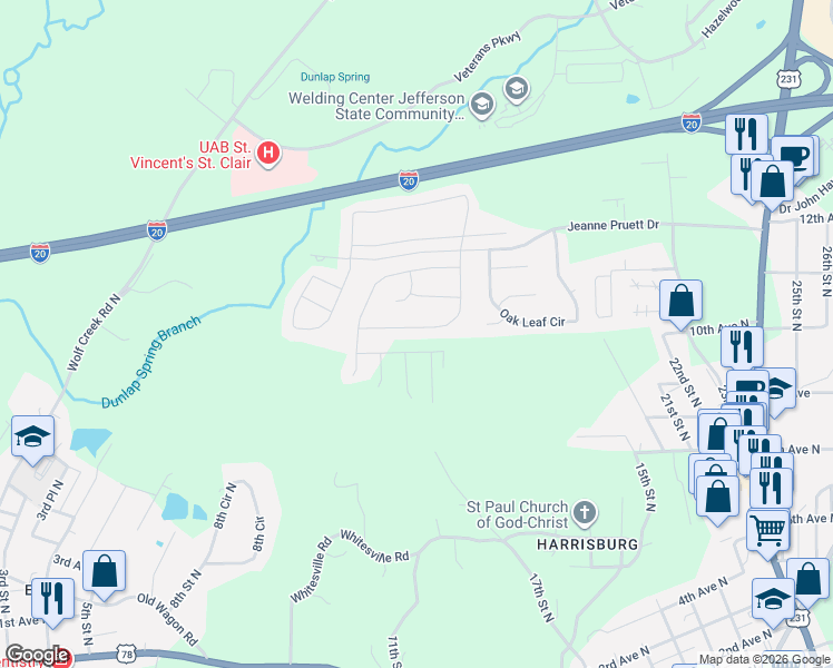 map of restaurants, bars, coffee shops, grocery stores, and more near 262 Crossridge Way in Pell City