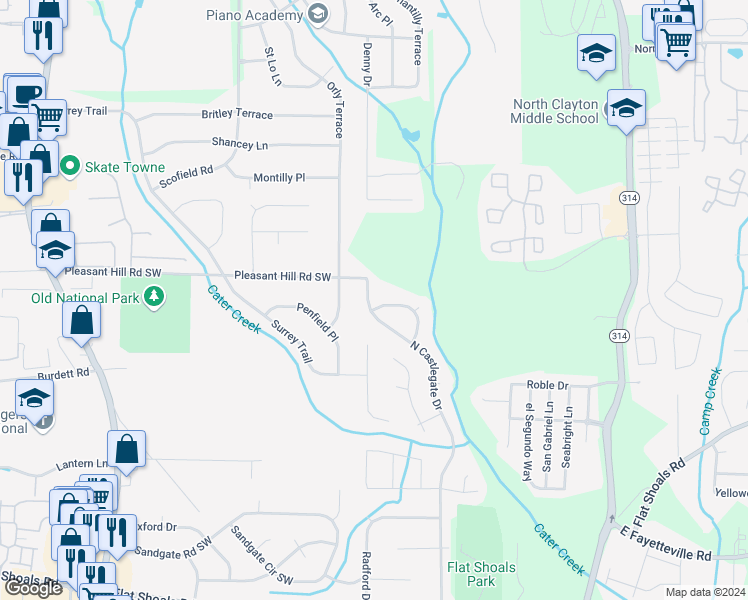 map of restaurants, bars, coffee shops, grocery stores, and more near 5730 North Castlegate Drive in Atlanta