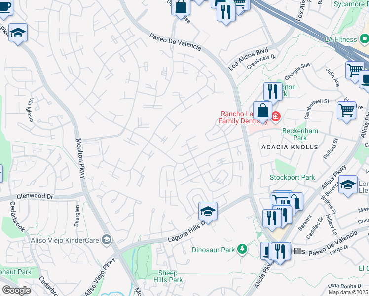 map of restaurants, bars, coffee shops, grocery stores, and more near 24142 Avenida Sevilla in Laguna Woods