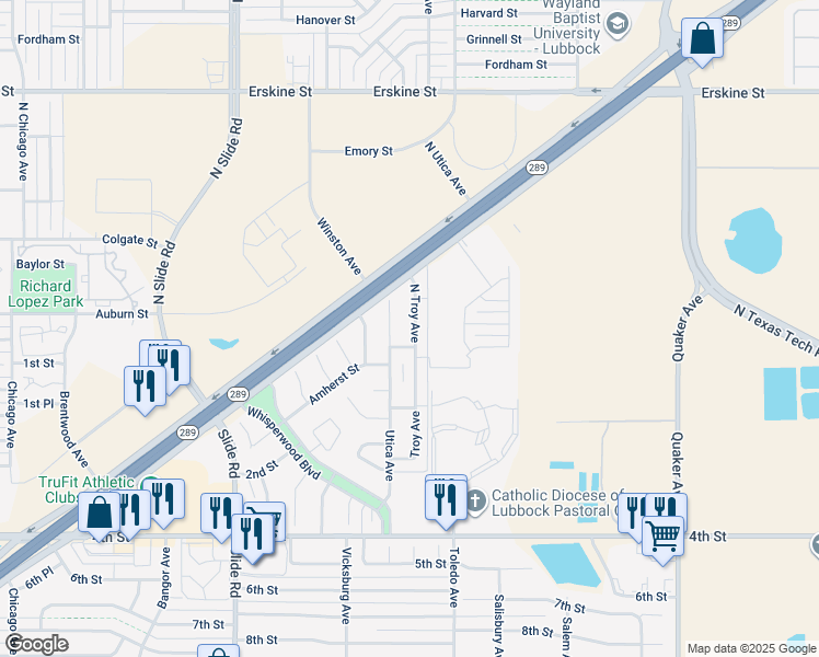 map of restaurants, bars, coffee shops, grocery stores, and more near 128 North Utica Avenue in Lubbock