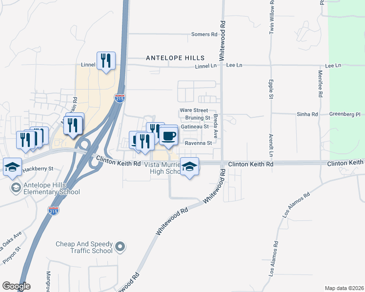 map of restaurants, bars, coffee shops, grocery stores, and more near 28269 Socorro Street in Murrieta