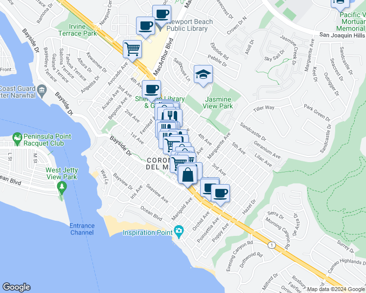 map of restaurants, bars, coffee shops, grocery stores, and more near in Orange County