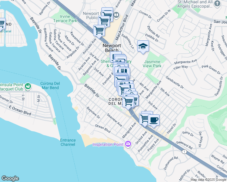 map of restaurants, bars, coffee shops, grocery stores, and more near in Newport Beach