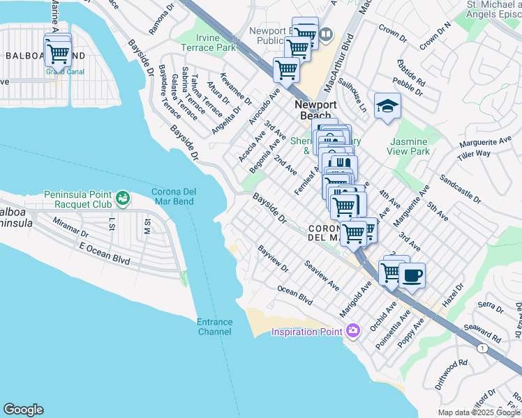 map of restaurants, bars, coffee shops, grocery stores, and more near 2601 Seaview Avenue in Newport Beach