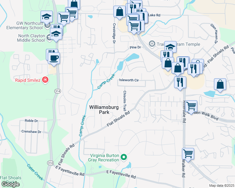 map of restaurants, bars, coffee shops, grocery stores, and more near 5723 Antelope Trail in Atlanta