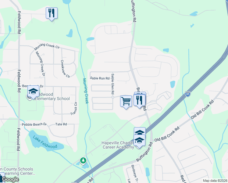 map of restaurants, bars, coffee shops, grocery stores, and more near 5820 Sable Glen Road in College Park