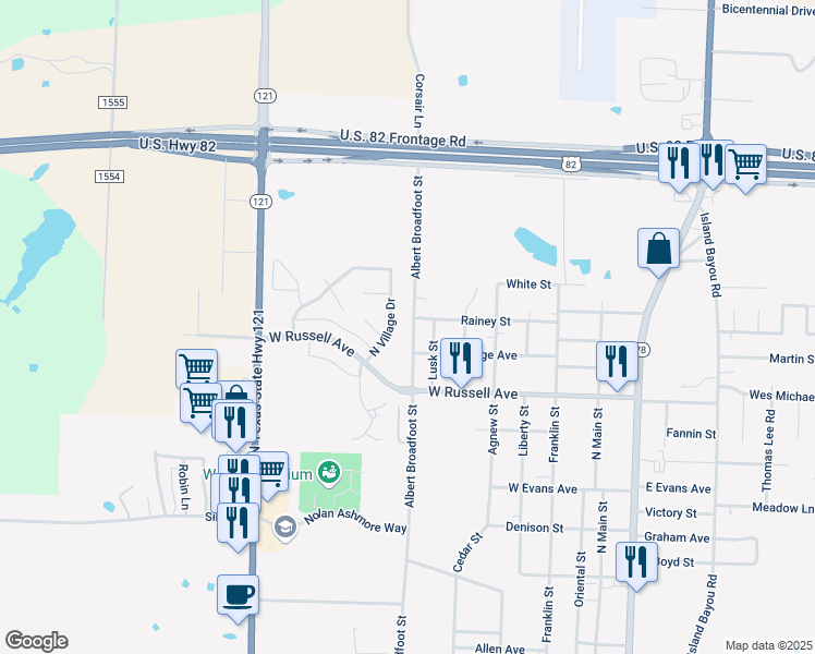 map of restaurants, bars, coffee shops, grocery stores, and more near 2109 Albert Broadfoot Street in Bonham