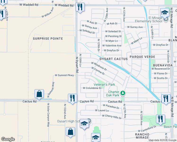 map of restaurants, bars, coffee shops, grocery stores, and more near 12905 West Rosewood Drive in El Mirage