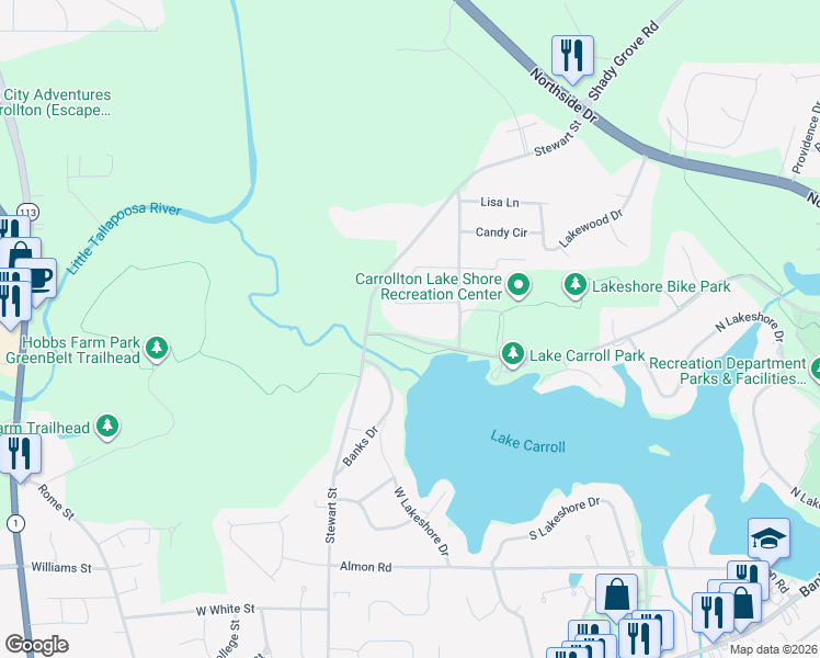 map of restaurants, bars, coffee shops, grocery stores, and more near 709 North Lakeshore Drive in Carrollton