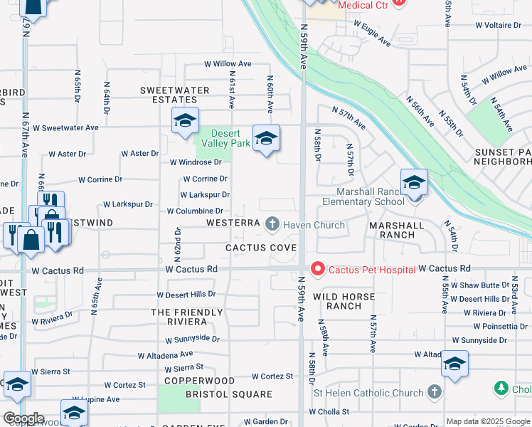 map of restaurants, bars, coffee shops, grocery stores, and more near 5902 West Cactus Road in Glendale