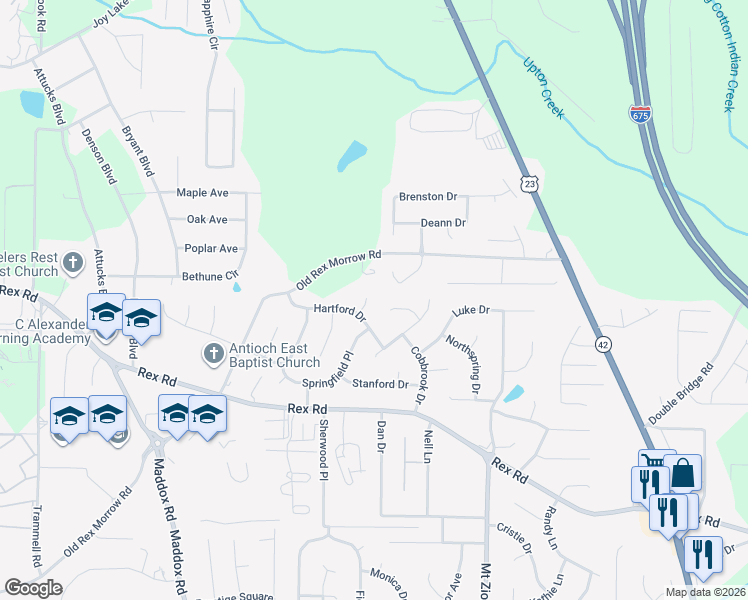 map of restaurants, bars, coffee shops, grocery stores, and more near 2521 Hartford Drive in Ellenwood