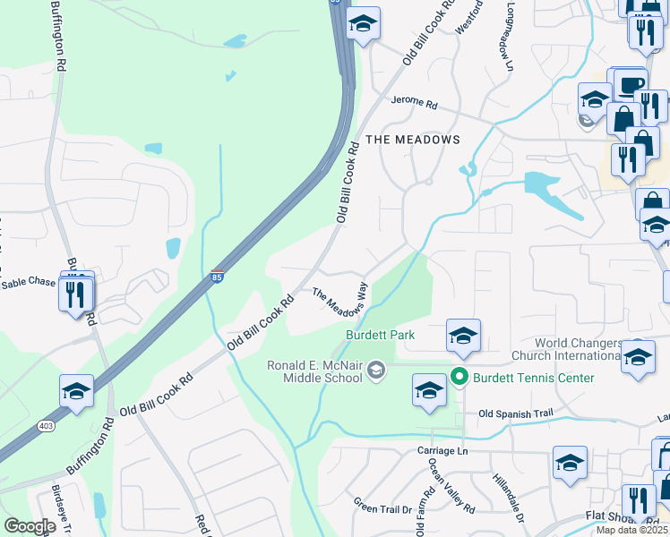 map of restaurants, bars, coffee shops, grocery stores, and more near 2895 Springfield Court Southwest in Atlanta