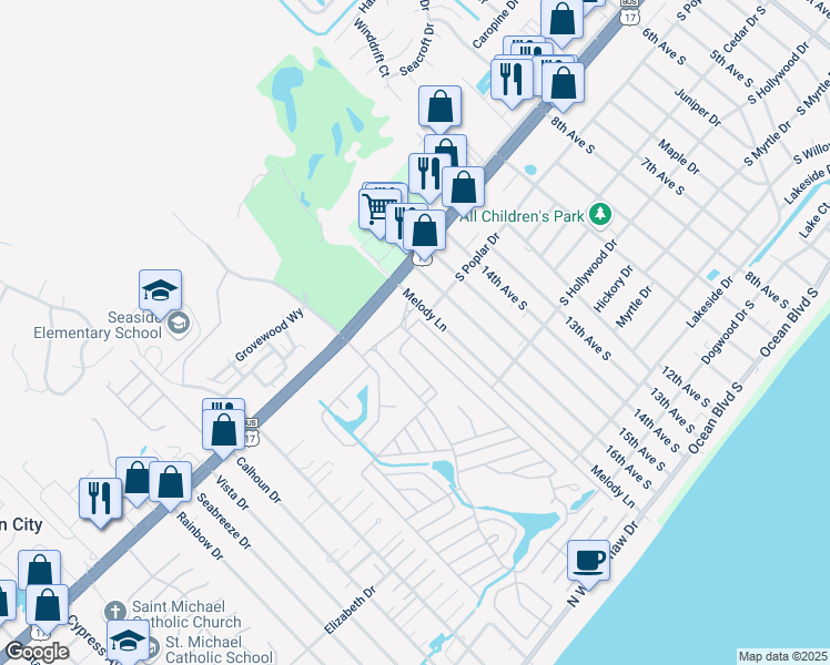 map of restaurants, bars, coffee shops, grocery stores, and more near 212 Sandpebble in Myrtle Beach