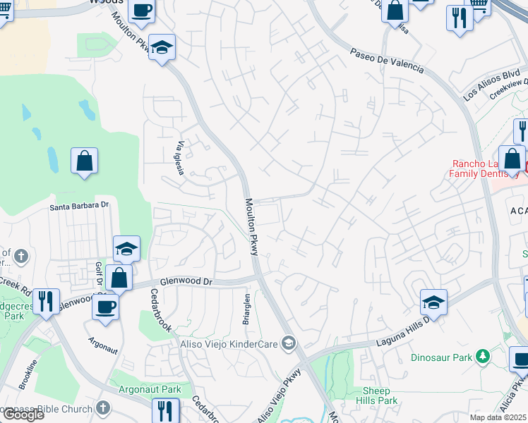 map of restaurants, bars, coffee shops, grocery stores, and more near 24962 Calle Aragon in Laguna Woods