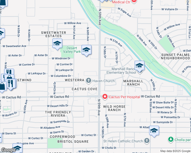 map of restaurants, bars, coffee shops, grocery stores, and more near 5907 West Columbine Drive in Glendale