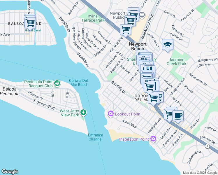 map of restaurants, bars, coffee shops, grocery stores, and more near 302 Carnation Avenue in Newport Beach