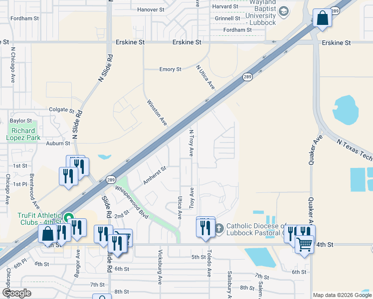 map of restaurants, bars, coffee shops, grocery stores, and more near 128 North Utica Avenue in Lubbock