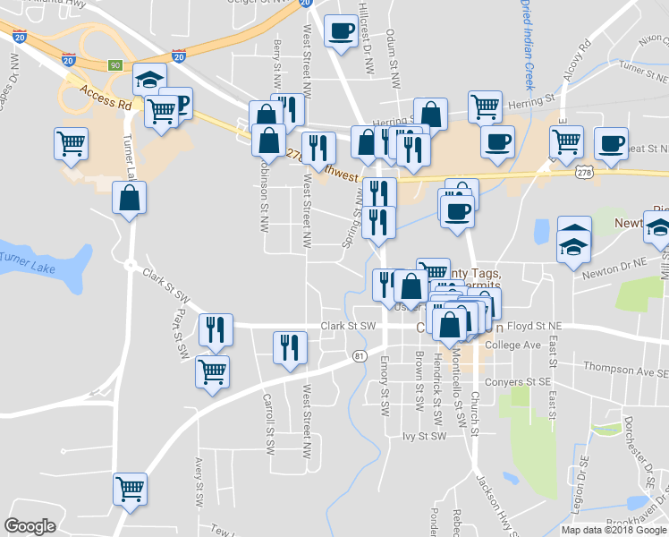 map of restaurants, bars, coffee shops, grocery stores, and more near 3113 Spring Street Northwest in Covington