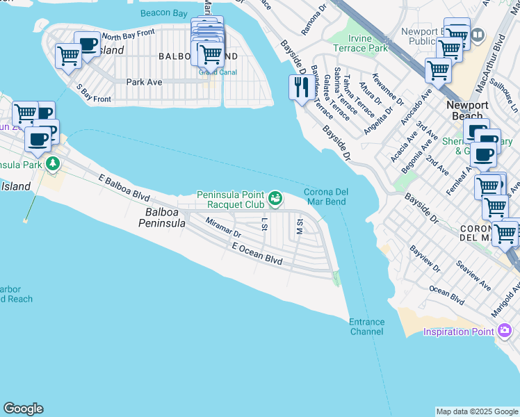 map of restaurants, bars, coffee shops, grocery stores, and more near 500 K Street in Newport Beach