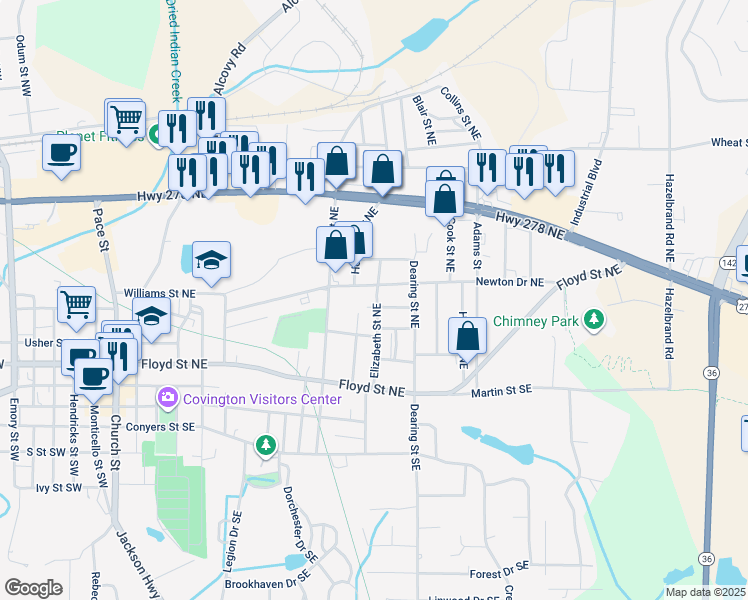 map of restaurants, bars, coffee shops, grocery stores, and more near 4217 Elizabeth Street Northeast in Covington